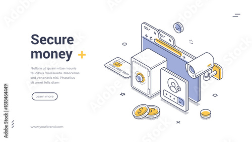 Secure money concept for financial security, digital banking, and safe online transactions with credit card, lock, and coins. Modern isometric web banner vector template for website, and application