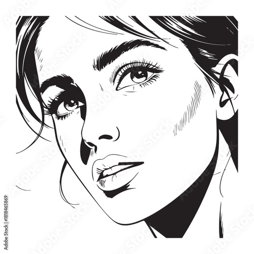Black and white illustration of a woman's face with dramatic shading and bold lines portrait