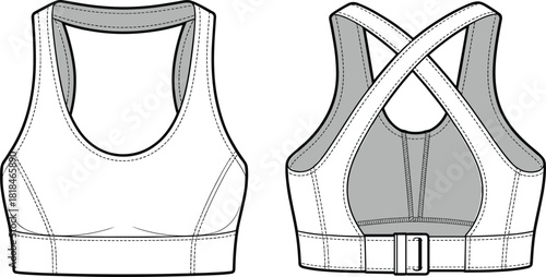 Women’s sports bra flat sketch, racerback crisscross strap technical drawing, activewear fashion design, CAD drawing flat vector illustration