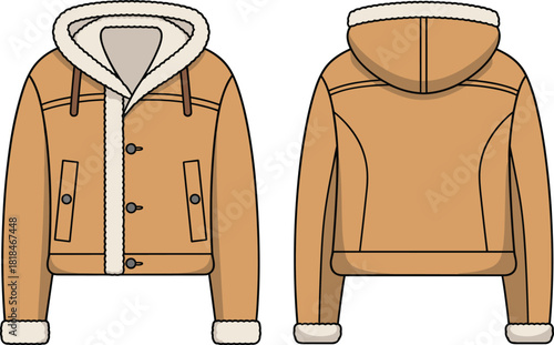 Tan shearling hooded jacket, fleece trim outerwear, winter fashion coat, technical flat sketch, CAD drawing illustration