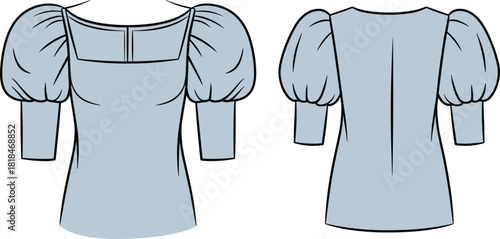 Women’s puff sleeve square neckline top technical flat sketch, CAD drawing flat vector illustration, fashion design template