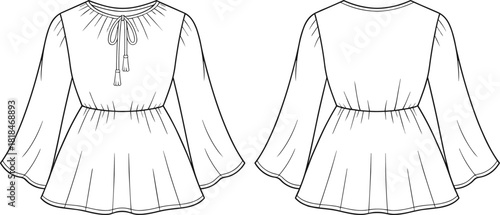 Women’s blouse flat sketch, cad drawing flat vector illustration, fashion technical design, peplum hem, bell sleeves