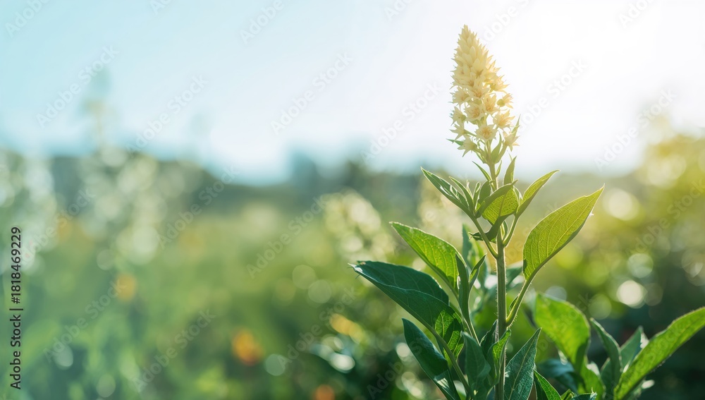 Obraz premium Herbaceous perennial plant with green leaves and flowers against a blue sky, suitable for natural background design