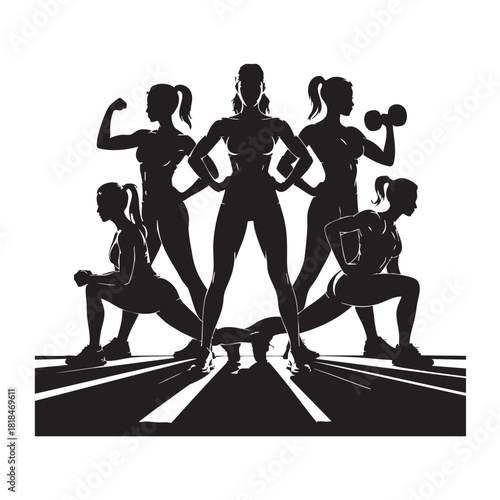 Black silhouettes of women exercising with weights and doing lunges fitness exercise