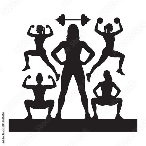 Black silhouettes of women exercising with weights and dumbbells fitness exercise