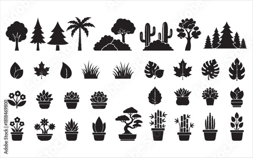 Minimal black potted plant icons for design projects