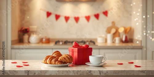 Croissant, cups, gift box, and decor for Valentine's Day celebration near light wall, emphasizing festive bakery display