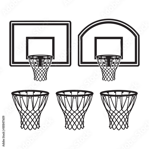 Collection of five black and white basketball hoops and backboards sport