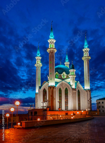 The Kul Sharif Mosque in the Kazan Kremlin against the evening sky.