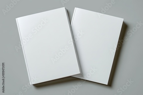 Two books, their white covers facing the viewer, placed diagonally on a gray surface