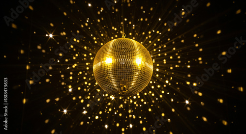 Golden disco mirror ball reflect light on glitter dark canvas background
