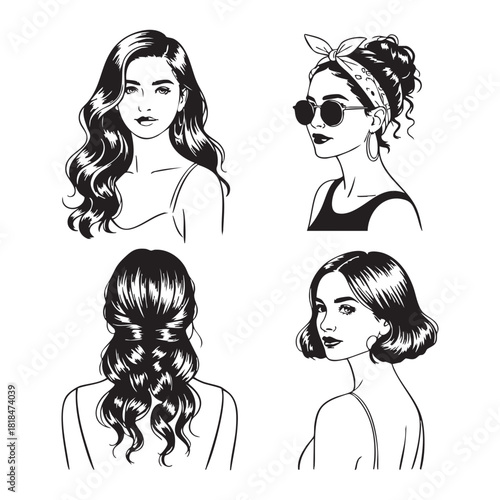 Four Black and White Line Art Illustrations of Women's Hairstyles and Faces woman female