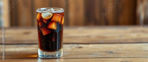 Iced brown cola drink in glass bottle on wood,   studio shot,  drink