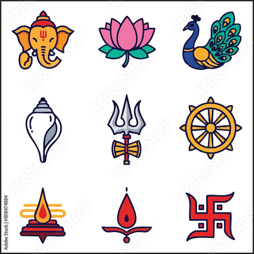 Hindu Religious and Spiritual Symbol Icon Set