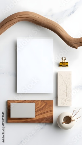 Elegant stationery and decorative items arranged on a marble surface. This image showcases a collection of refined elements for branding or design projects.