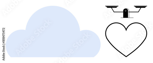 Light blue cloud, quadcopter with cameras, simple outlined heart. Ideal for technology, cloud storage, surveillance, security, innovation care future-oriented solutions. Minimalist flat metaphor