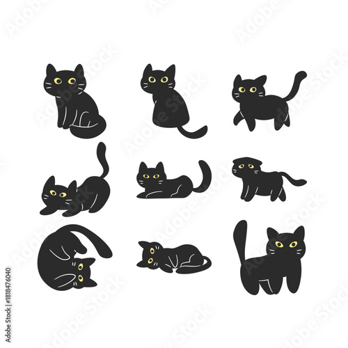 Funny black cat poses illustration. Hand drawn vector set of kittens sitting, walking, stretching, and sleeping isolated on white