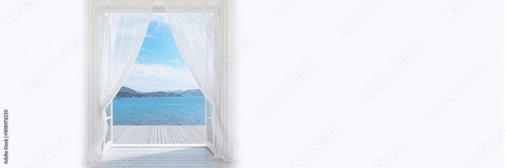 Fototapeta premium A patio in summer with ocean view and white curtains moving in the breeze, outdoor relaxation, summer season