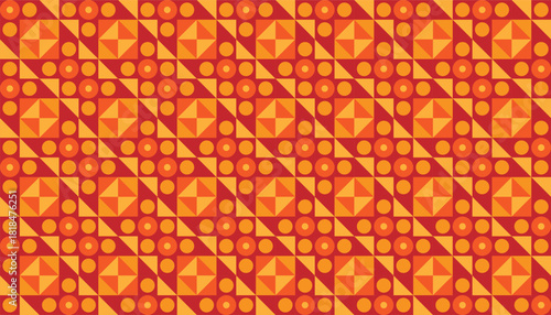 A retro-inspired geometric pattern featuring bright orange and red. It consists of circles, triangles, and small stars arranged in a diagonal grid, creating a dynamic and rhythmic look