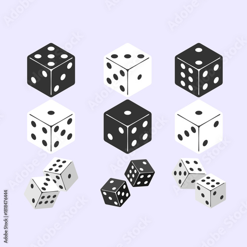 Isometric 3D dice vector set. Collection of black and white gaming cubes with dots isolated on background.
