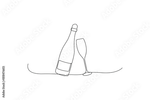 One line champagne and wine glass outline minimalist  festive vector design  