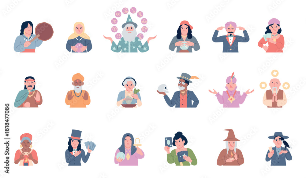 Fototapeta premium Fair market fortune tellers. Magicians, shamans, astrologers, tarot and crystal ball divination. Magic costumes characters, actors and magicians recent vector set