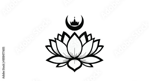 Elegant lotus flower with crescent moon and crown symbol, representing peace and spirituality.