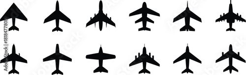 Collection of airplane silhouettes showing various jet shapes, military aircraft, aviation icons, flight profiles, top-view planes, transportation graphics, and aeronautical design elements.