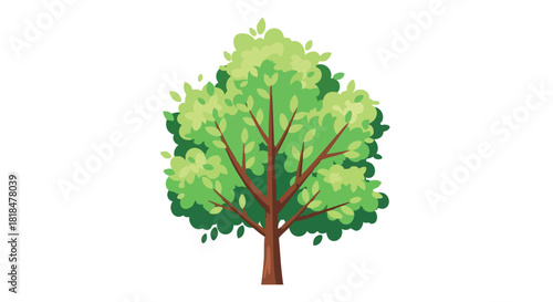 Illustrated vibrant green tree with a sturdy brown trunk and dense foliage against a plain background illustration