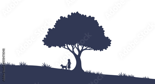 Silhouette of a girl with her dog walking under a large tree on a peaceful day landscape illustration art vector simple flat design tranquil scene