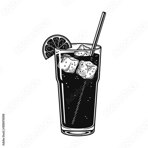Vector illustration of a lemonade glass with lemon slice, ice cubes and straw in a clean minimal style. Fresh lemonade, citrus drink, summer beverage, cold refreshment, lemon glass