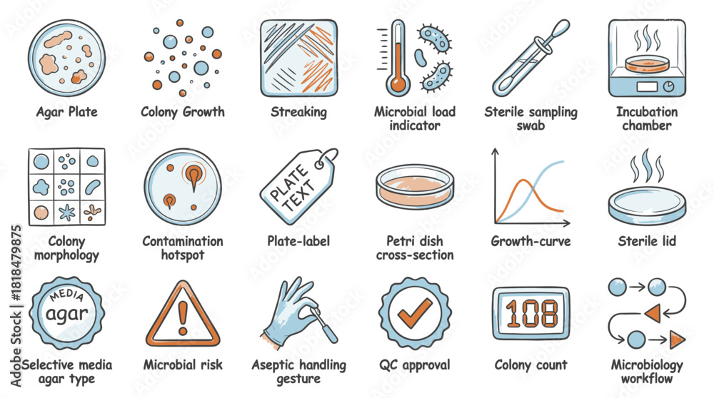 Fototapeta premium Microbiology research icons showcase petri dish analysis, colony growth, and lab procedures perfect for scientific publications and educational materials in healthcare
