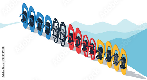 Colorful snowshoes on abstract winter mountain landscape in isometric style