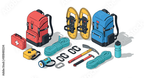 Isometric hiking and camping gear backpacks, equipment, and safety tools