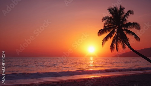 A vibrant sunset over the ocean beach, ideal for background design for text and layouts