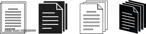 Set of document icons showing stacked papers, text files, page bundles, office paperwork, business documents, file organization, and document management illustrations.