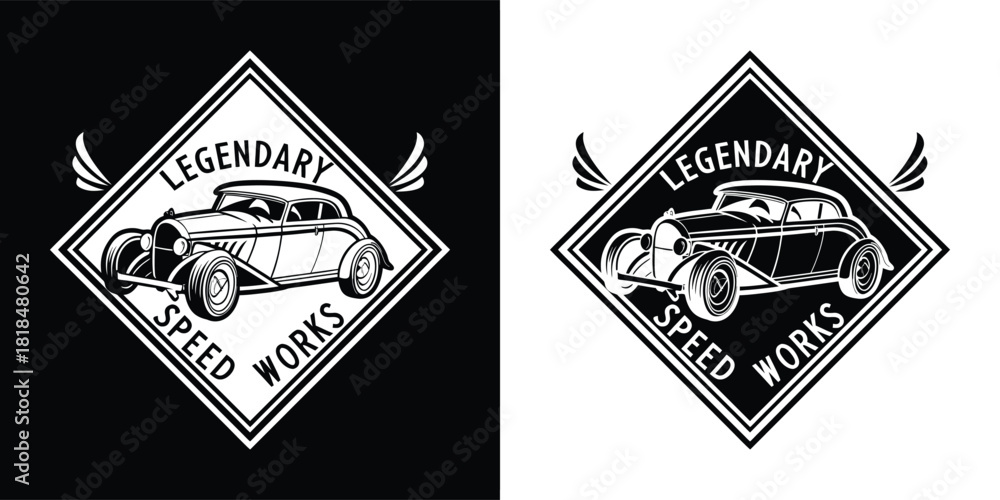 Obraz premium Vintage hot rod car emblem with wings and the text legendary speed works in a diamond shape, shown in both black and white