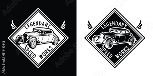 Vintage hot rod car emblem with wings and the text legendary speed works in a diamond shape, shown in both black and white