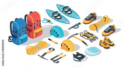 Isometric hiking and climbing gear collection backpacks, helmets, and tools for outdoor adventures