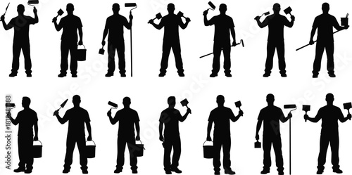 Silhouette painters holding tools and buckets, professional workers with rollers and brushes, construction painting poses for design, illustration, and project use
