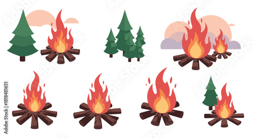 Flat nature scene with campfires and pine trees in various arrangements