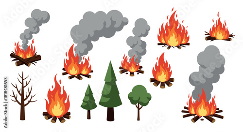Collection of campfires and trees in flat style