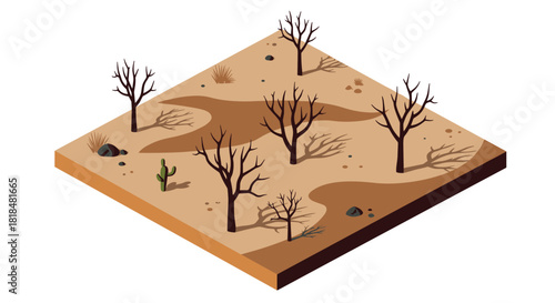 Isometric desert landscape with bare trees and cactus on sandy terrain