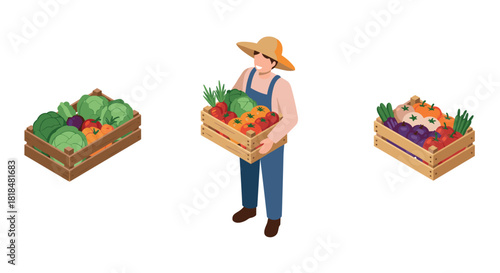 Farmer carrying crate of fresh vegetables in isometric style