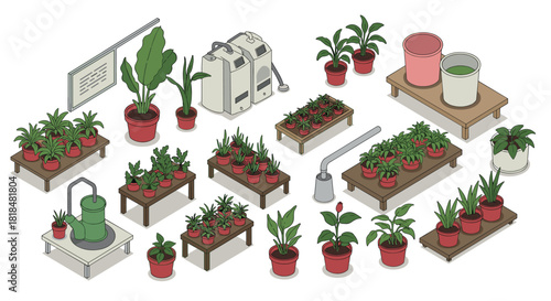 Isometric indoor gardening scene with potted plants and hydroponic system setup