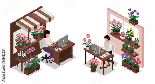 Isometric home workspace with indoor plants and flower shop ambiance