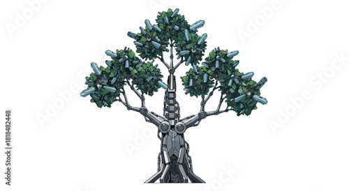 Futuristic mechanical arboreal structure showcasing gemstone foliage and metallic branches, depicting symbiotic fusion of nature and advanced robotics