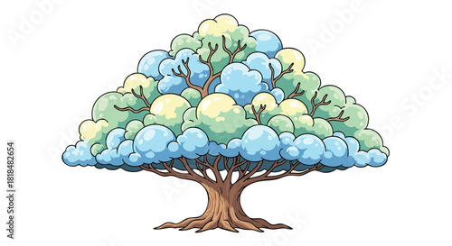 Whimsical arboreal illustration presenting a tree with cloud-shaped canopy in serene hues, evoking calm and nature, artistic drawing on a white