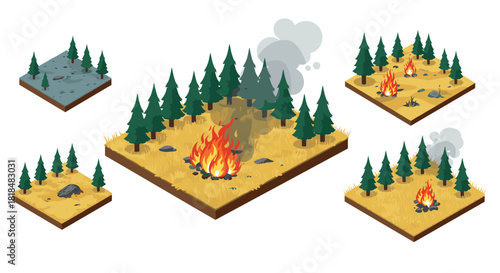 Isometric forest fire stages safe, fire, smoke, extinct