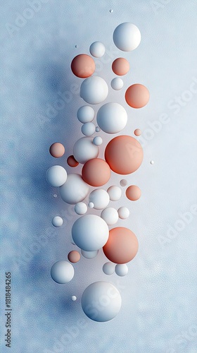 A collection of white and peach-colored spheres of various sizes are arranged vertically against a textured, light blue background. The lighting is soft and dif